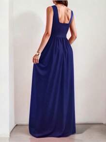 Sophisticated Off-The-Shoulder Long Dress With Leg Slit - Navy Blue - View 3