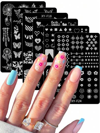 FULL BEAUTY Placa de estampado de uñas con flores, líneas de punta francesa, placa de arte de uñas para estampado, plantillas de estarcido con diseños de corazón, estrella, luna, encaje, floral, hoja, mariposa para manicura y herramientas de molde