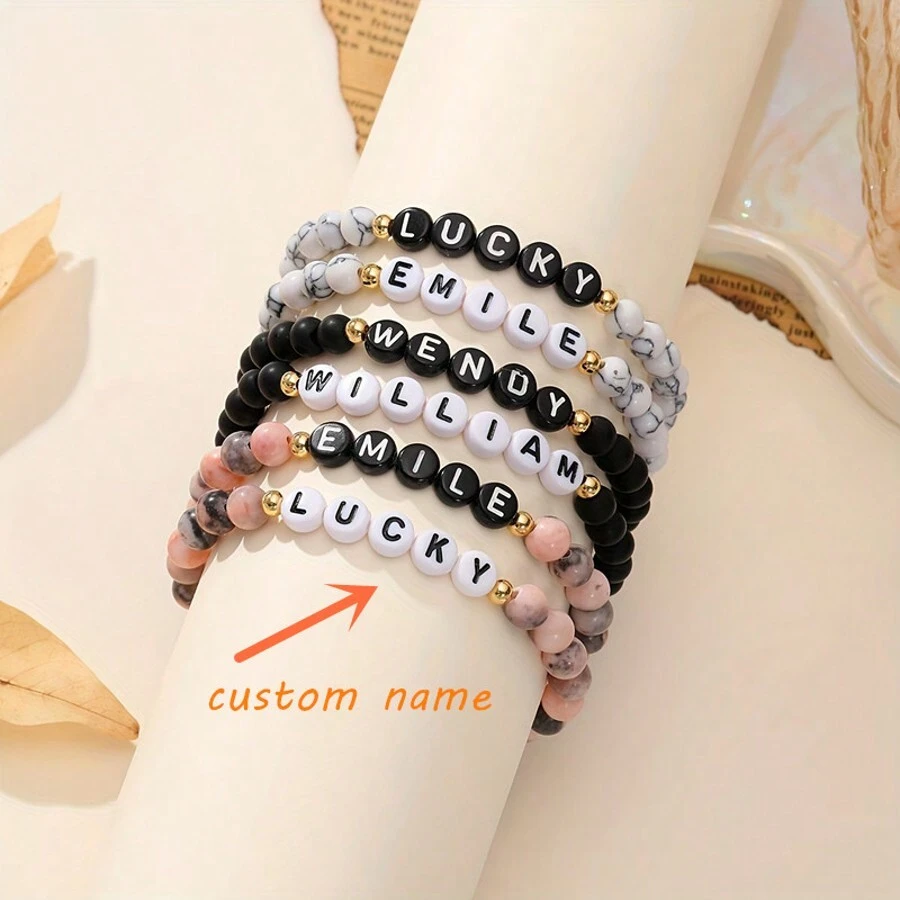 1 pieza Pulsera de piedra natural personalizada con nombre - Pulsera de cuentas con dije personalizado con texto, múltiples opciones de cuentas, mejor regalo de cumpleaños u ocasión especial para familia y amigos