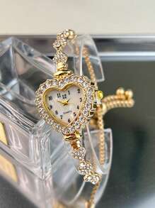 1 pièce Montre-bracelet pour femmes en alliage or rose, or et argent avec un boîtier en forme de cœur, un cadran avec chiffres arabes, un mouvement à quartz et un style à cordon ajustable pour un port quotidien