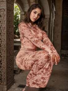 YI XUAN 女士花卉印花褶饰网眼性感连衣裙和内衬吊带连衣裙