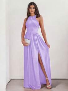 Sophisticated Off-The-Shoulder Long Dress With Leg Slit - 紫丁香色 - 查看 3