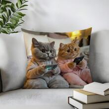1pc 17.7*17.7 Inch (45*45cm) Couple Cat Playing Game Print Polyester Pillow Cover [Single-Sided Print][Pillow Inner Not Included], Suitable For Home Decor, Sofa, Bed, Car, Etc.