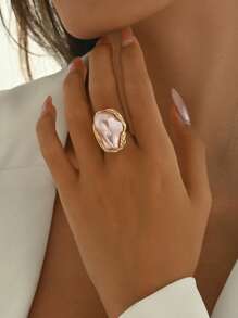 1pc Chunky Asymmetrical Baroque Faux Pearl Ring, Multicolor French Elegant Alloy Vintage Fashion Jewelry, Adjustable Open Band Size For Women