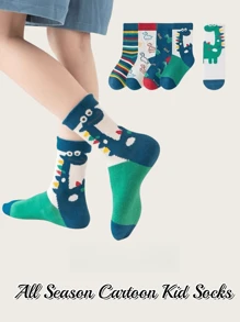 10 双卡通恐龙设计芥末黄和绿色恐龙组合经典儿童袜子，男孩和女孩，所有季节