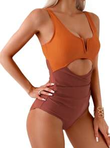 Women High Waist Monokini One Piece Swimsuit Bathing Suit Contrast Color Bikini Swimwear - Brown - View 3