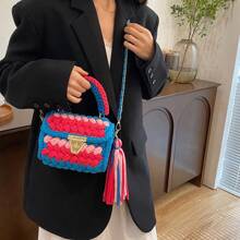 1pc Handwoven Contrast Color Cloth Strap Women Handbag, Colorful Contrast Color Fashionable Casual Tote Bag With Removable Strap & Handle, Spacious Shoulder Bag For Daily Use, Gift For Friends - Multicolor - View 9