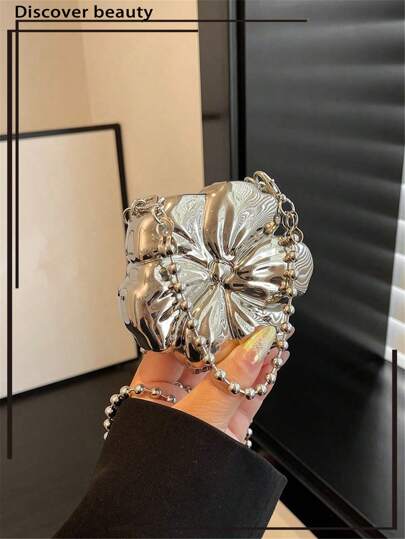 1 件新款迷你金属袋，镀金零钱包，亮面前卫金属色手提包，串珠链条斜挎包，独特花卉造型手提包，优雅零钱包