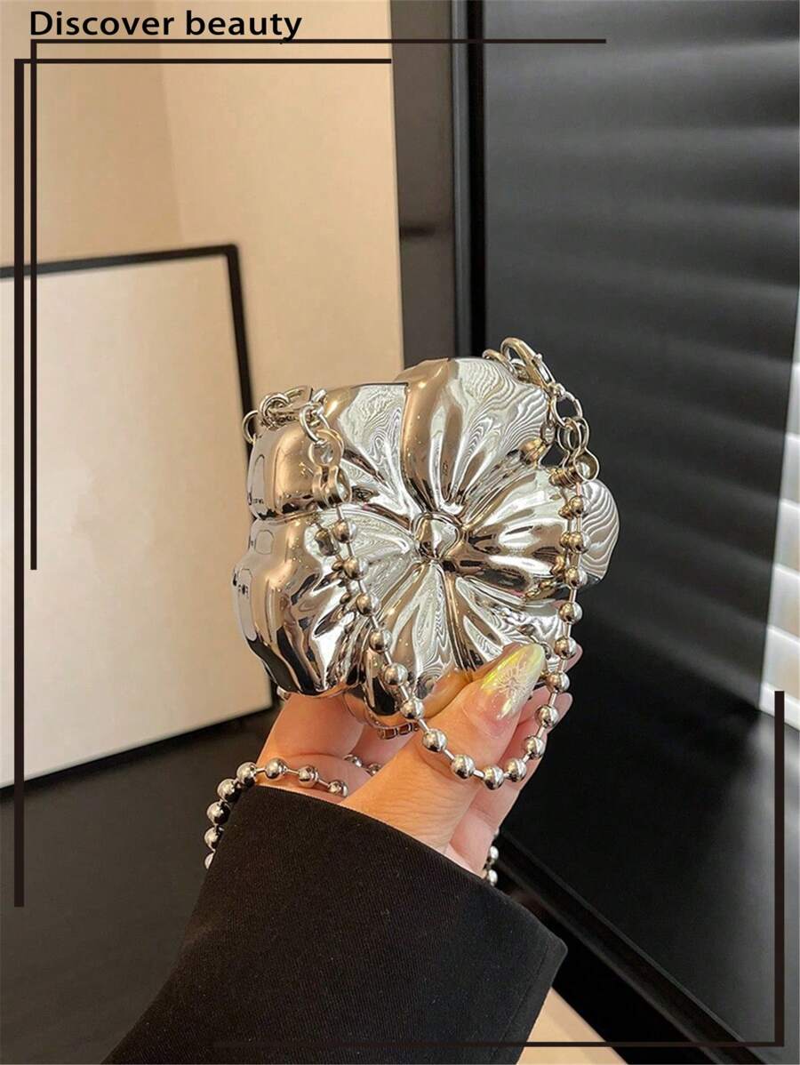 1 件新款迷你金属袋,镀金零钱包,亮面前卫金属色手提包,串珠链条斜挎包,独特花卉造型手提包,优雅零钱包 - 銀色 - 查看 1