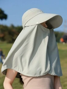 1pc Solid Color Large Brim Hat With Detachable Face Mask, Shoulder Cape For Sun Protection Polyester, Spring Season