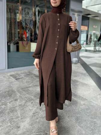 Casual Closed Lantern Long Sleeve, Breasted, Hem Side Slit Ladies Arabian Dress Suit,Modest