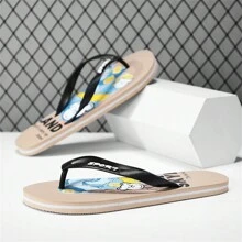 New 2024 Spring/Summer Simple Casual Cartoon Graffiti Fashion Flip Flops, Ultra-Light & Breathable Men's Sandals, Plus Size, Outdoor Beach Slippers, Non-Slip & Wear-Resistant, Random Pattern, Asymmetrical Pattern, Black, Beige - Beige - View 3