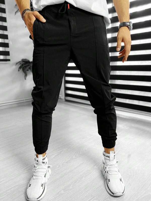 Calça de moletom casual masculina com cordão, calça de ajuste regular para todas as estações, estilo cargo moderno