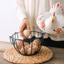 Zazumi Egg Basket 1pc Chicken Egg Holder, Fresh Egg Storage Basket Countertop,Decorative Ceramic Lid With Wire Basket,Holds 2 Dozen Egg - Multicolor - View 3