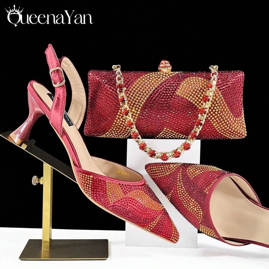 QueenYan 女款尖頭晚宴鞋包套組 極簡時尚高跟涼鞋搭配長款硬挺手拿包 - 酒紅色 - 查看 1