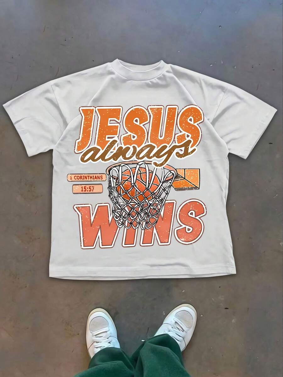 WITH JESUS, WE ALWAYS WIN, PRAISE THE LORD! BASKETBALL, Men's Graphic Tees, Cotton Streetwear T-Shirt, Round Neck, Loose Fit, Fall & Holiday Travel, Unisex, Goth & Y2K Style - 白色 - 查看 1