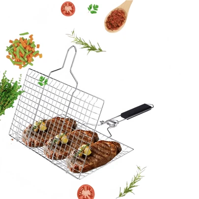 Clips de rejilla de acero inoxidable, red portátil para asar con mango extraíble para asar pescado, asar bistec, asar verduras, carne y mariscos, herramientas para asar