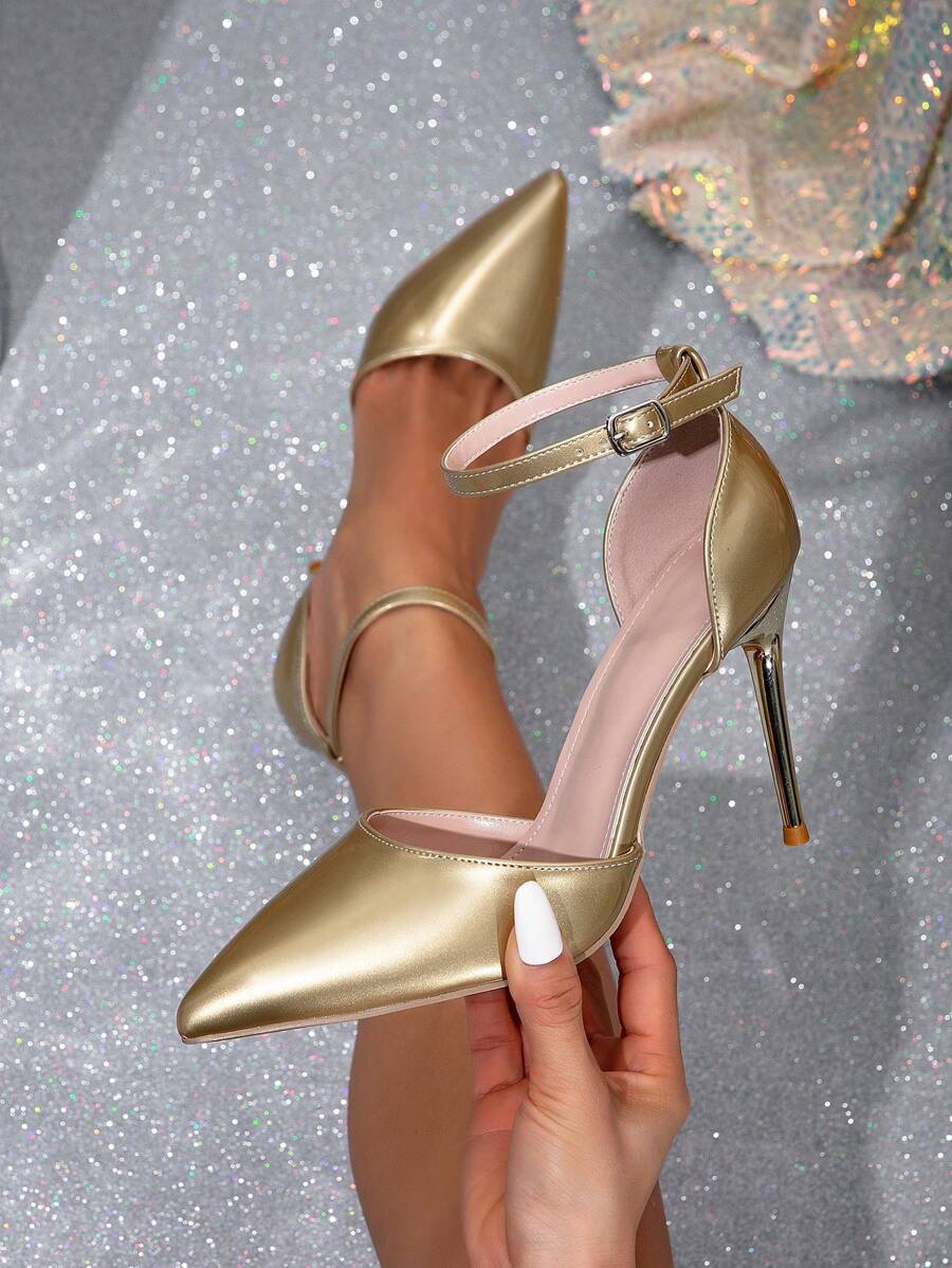 Women's Fashion Pointed-Toe High Heels, Upgraded European & Bestseller, Textured Soft Fabric, 3.8 Inch Slim High Heels, Stylish Hollow-Out High Heels, Elastic & Buckle Decor, Comfortable Dress Shoes, Lightweight Sexy High Heels, Glamorous Elegant Hollow-Out Shoes, Suitable For High Heels, Light Gold High Heels - Gold - View 1