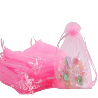 50/100 件粉色礼品包装袋、浅粉色欧根纱糖果袋、派对桌面装饰、各种节日派对包装用品、节日家居装饰、节日婚礼派对礼品包装物品