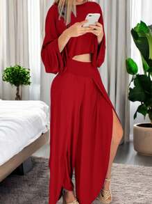 Women's Oversize Comfy Loose Style Open Leg Set - Red - View 2