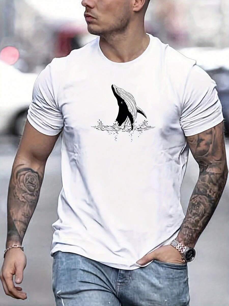 Camiseta Gráfica de Salpicadura de Ballena para Hombre Camiseta de algodón grueso 100 % de 220 g - Blanco - Ver 1