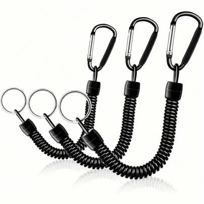3pcs 15lb Test Strength Elastic Spring Coil Keychain With Black Carabiner And Ring, Stretchable Wrist Band Ropes, 8.46-47.24 Inches Extendable, Built-In Steel Wire