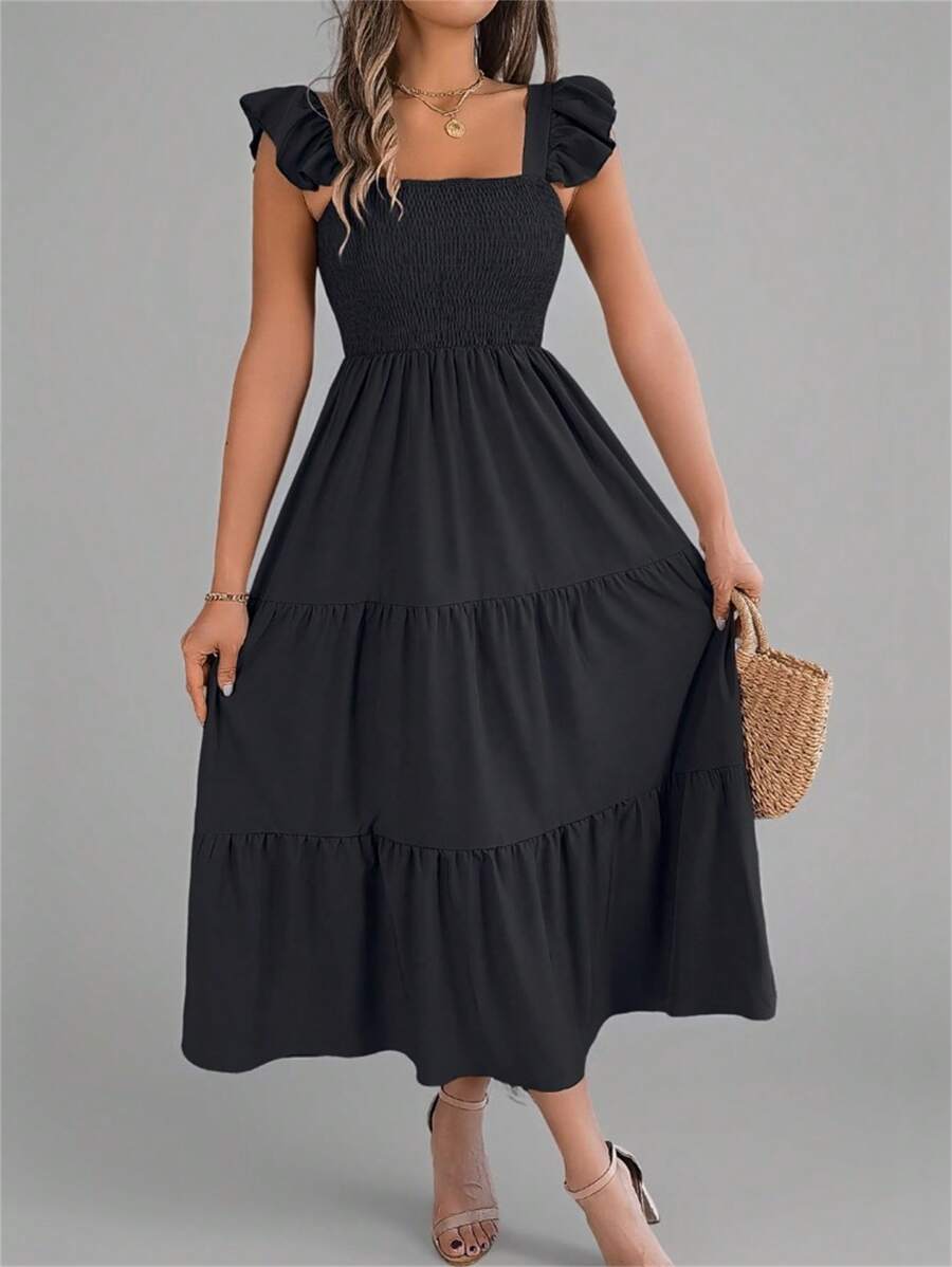 New Arrival Summer Solid Color Square Neck Backless Casual Ruffle Hem Sleeveless Camisole Little Black Dress - Black - View 1