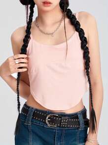 Women Crop Backless Camisole Solid Color Summer Spaghetti Strap Tank Tops Sleeveless Shirt For Streetwear Clubwear - 粉色 - 查看 3