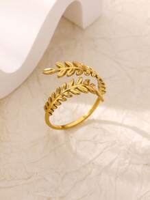 Delicados anéis de aço inoxidável com folhas de ginkgo e concha de sereia, cor dourada, duas folhas, franjas, anel aberto ajustável para mulheres, banhado a ouro 18K, à prova d'água, antidesbotamento, joias de casamento, férias, acessórios de uso diário, presentes para ela