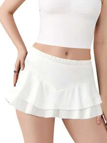 Women's Mini Ruffle Shorts Casual Solid Color High Waist Layered Shorts Summer Streetwear - 白色 - 查看 1