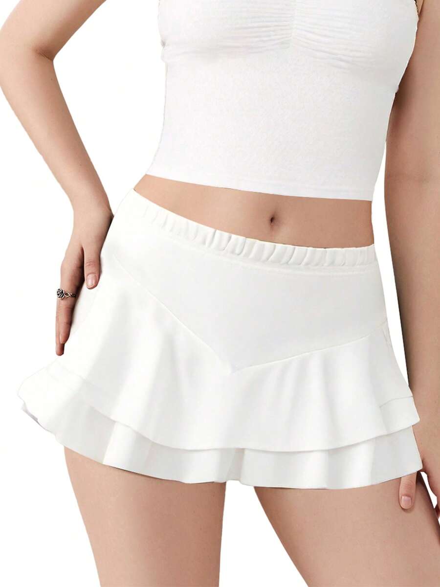 Women's Mini Ruffle Shorts Casual Solid Color High Waist Layered Shorts Summer Streetwear - 白色 - 查看 1