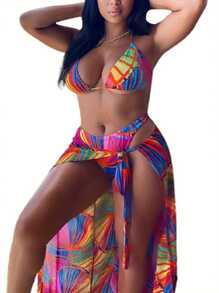 Women Three-piece Bikini with Halter Neck Design Personality Colorful Print Summer Clothing - Como se muestra en la figura - Ver 4