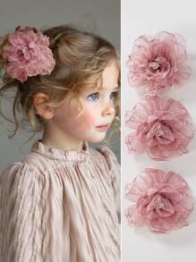 2pcs Girls Faux Chiffon Ruched Floral Hair Clips, Deep Pink Color, Suitable For Daily Wear, Spring/Summer - Pink - View 2
