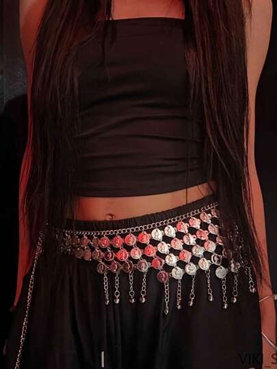 1pc Women's Belly Dance Coin Waist Chain Belt, Metal Sequin Tassel Waist Sash, Stage Performance Accessory, Suitable For Daily Wear