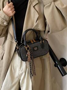 New Soft Leather Boston Tote Bag With Plush Doll Charm, Spacious Shoulder Bag, Suitable For Commuting In All Seasons - Black - View 4