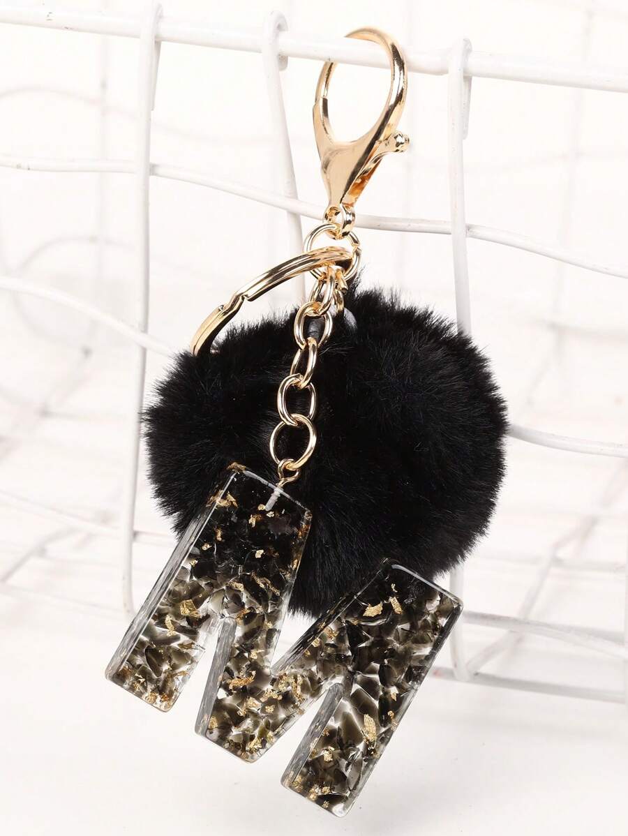 1 pieza Llavero con letra en inglés para mujer, llavero de moda con colgante de letra de resina cristalina con pompón, accesorio para coche, bolso, mochila para la escuela, regalo gótico lindo Y2K, regalo para madre, padre, graduación y maestro - Negro - Ver 1