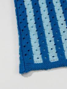 Casual Hollow Out Striped Knit Top, Unisex Loose Fit Lightweight Pullover Sweater, Spring/Summer/Autumn - Blue - View 9