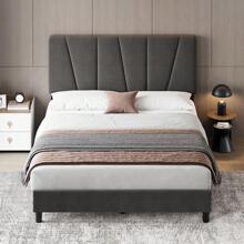 CuisinSmart Twin/Full/Queen/King Size Bed Frame With Headboard,Linen Upholstered Platform Bed With Adjustable Tufted Headboard,Strong Wooden Slats Supports,No Box Spring Required,Easy Assembly,Grey - 深灰色 - 查看 4