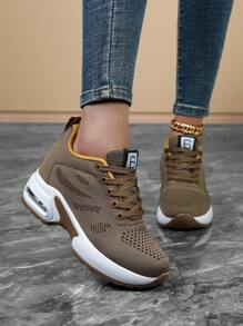 Breathable Knit Sneakers With Letter Decoration, Wedge Design, Multifunctional And Comfortable Sports Shoes With Inner Height Increase And Non-Slip Features, Suitable For Women's Hiking, Street Wear, And Traveling - Khaki - View 1