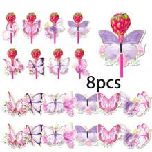 8 stuks vlinderlollykaarten, roze en paarse lollywenskaarten, verjaardagsfeest, bruiloft, vlinderthemafeestgeschenken, lollykaartdecoraties, geschikt voor bruiloften, verjaardagen, themafeesten (lolly's niet inbegrepen)
