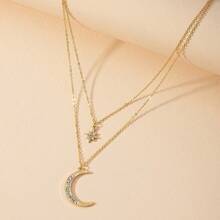 1pc Women's Double-Layer Star & Moon Rhinestone Necklace, Suitable For Daily Wear - Yellow Gold - View 1