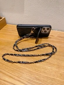 1 Set Black Leather Grain Shoulder Bag With Chain + Black Straight Edge Perforated Anti-Drop Phone Case Compatible With Apple///Redmi//OPPO/VIVO//Transsion