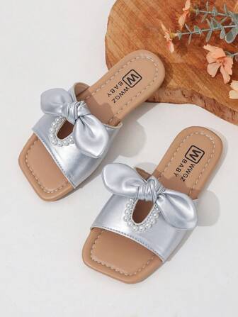 Flickor Söt pärla & rosett dekor platt prinsessan stil barn sandaler, lämplig för sommaren, EID