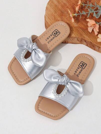 Girls Cute Pearl & Bow Decor Flat Princess Style Children Sandals, Suitable For Summer, EID