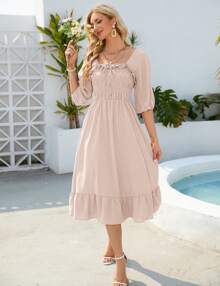 GoyRrbay Women's Sundress Half Sleeve Elastic Square Neck Smocked Ruffle Hem Midi Beach Dress - 杏色 - 查看 3