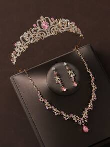 4 件银质皇冠项链耳环婚礼新娘配饰套装 - 粉色 - 查看 2