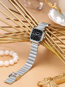 1 件女士方形简约钢带时尚休闲石英表适合日常佩戴