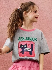ASK JUNIOR 青少年女孩短袖 T 恤,可爱图案印花圆领休闲 T 恤 - 灰色 - 查看 3