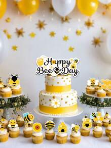 25 Pieces Of Bee Cake Decoration Cupcake Decoration - Birthday Party Decoration Theme Happy Birthday Bees, Bumblebees Decoration Desktop Center Decoration - Suitable Party Supplies Party Gifts