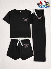 Sanrio Set pigiama a 3 pezzi Sanrio Hello Kitty: maglietta a girocollo con maniche corte, pantaloncini e pantaloni lunghi con stampa di lettere cartoni animati, pigiama comodo